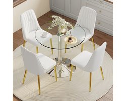 HAUSS SPOLE Eettafelset - Ronde Glazen Eettafel Met 4 Eetkamerstoelen - Modern Voor Eetkamer En Keuken - Glas Wit Goud