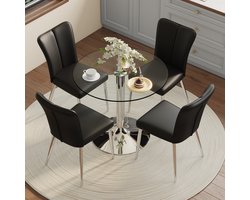 HAUSS SPOLE Eettafelset - Ronde Glazen Tafel Met 4 Eetkamerstoelen - Modern En Compact - Voor Keuken En Eetkamer - Zwart Zilver
