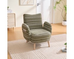 HAUSS SPOLE Fauteuil 77x81x87 Cm - Bouclé Met Zijvak - Ergonomische Leesstoel Voor Woonkamer Slaapkamer Kantoor - Massief Houten Poten - Olijfgroen