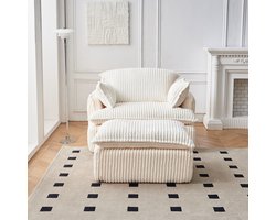 HAUSS SPOLE Fauteuil - Gecomprimeerde Loungefauteuil Met Hocker - Zachte Geribde Stof - Voor Woonkamer En Studio - Beige