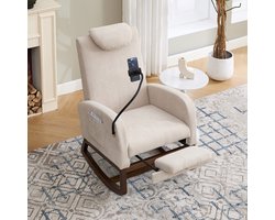 HAUSS SPOLE Fauteuil - Relax Schommelstoel - Hoge Rugleuning Met Hoofdsteun - Zijvak & Telefoonhouder - Uittrekbare Voetensteun - Houten Frame - Linnen Beige