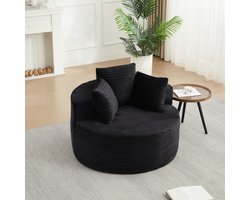 HAUSS SPOLE Fauteuil - Ronde Loungestoel - Met 3 Sierkussens En Brede Armleuningen - Voor Woonkamer En Slaapkamer - Zwart Ribfluweel