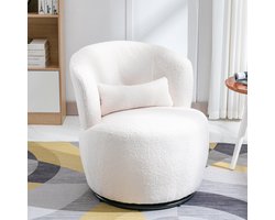 HAUSS SPOLE Fauteuil - Teddy Draaifauteuil - Draaibaar & Schommelfunctie - Met Lendensteun & 360° Metalen Voet - 1-Zits - Stof Wit