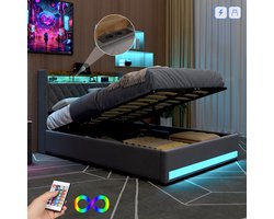 HAUSS SPOLE Fluweel Gestoffeerd bed 140×190 cm -Eenpersoonsbed Met Opbergruimte-Voor Moderne Slaapkamers-Voor Jongeren En Volwassenen-Met USB & LED-verlichting - Opbergruimte Boxspring -Donkergrijs