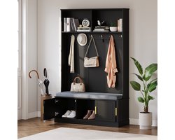 HAUSS SPOLE Garderobe - Alles-in-één Halbank Met 6 Drievoudige Haken En Schoenenrek - Met Opbergruimte Voor Entree - Spaanplaat - 120x40x191 Cm - Zwart