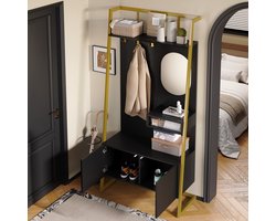 HAUSS SPOLE Garderobe – Compact Halmeubel Met Spiegel En Schoenkast – Met Haakjes En Zitbank – Soft-Close Scharnieren – MDF Met Metalen Frame – 78x38.5x180.5 cm – Zwart
