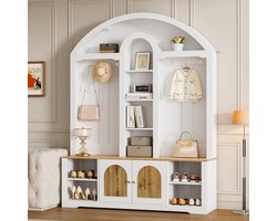 HAUSS SPOLE Garderobekast - Gebogen Design Met 3 Open Planken En Dubbele Deuren - Met Metalen Haken En Zelfklevend USB-LED Licht - MDF - 150x40x195 cm - Wit
