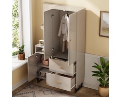 HAUSS SPOLE Garderobekast - Gestoffeerde Panelen En Open Vakjes - 2 Deuren 2 Laden Met Uittrekbare Stang - MDF - 110x38x186 cm - Beige/Grijs