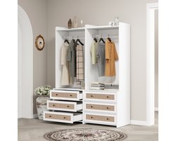 HAUSS SPOLE Garderobekast – Multifunctionele Kast Met 3 Laden En Rattan Deurtjes – Versterkte Aluminium Kledingstang – Melamine MDF – 70x48x180 cm – Wit