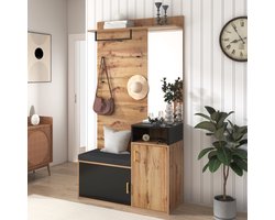 HAUSS SPOLE Garderobeset - Halmeubel Met Spiegel En Schoenkast 9-12 Schoenen - 4 Haken, Garderobestang En Zitbank - MDF/Spaanplaat - 105x40x191,5 Cm - Zwart/Hout