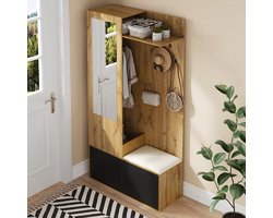 HAUSS SPOLE Garderobeset - Halmeubel Met Spiegel En Zitbank En Bovenplank - 5 Haken, 2 Schoenkasten Voor 8-10 Paar - MDF - 100x38x191 Cm - Zwart/Naturel