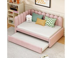 HAUSS SPOLE Gestoffeerd Bed 140x200 cm - L-Vormig Slaapbank met Uittrekbaar Bed - Bladvormig Hoofdeinde - Voor Gasten & Studio's - Stof - Roze - Zonder matras