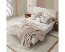 HAUSS SPOLE Gestoffeerd Bed 140x200cm - Bedframe Met Hoog Hoofdbord En Siernagels - Met Opbergruimte Onder Bed - Zonder Matras - Stof En Metaal - Beige