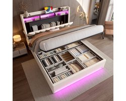 HAUSS SPOLE Gestoffeerd Bed 140x200cm - Hoofdeinde Met Opbergruimte - Hydraulische Onderbedopslag en LED - Fluweel - Beige - Zonder matras