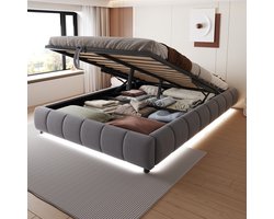 HAUSS SPOLE Gestoffeerd Bed 140x200cm - Hydraulisch Opbergbed Met Witte LED-lichtstrook - Ruimtebesparend Voor Studentenkamer - Flanellette - Grijs - Zonder matras