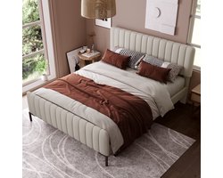 HAUSS SPOLE Gestoffeerd Bed 140x200cm - jeugdbed, tweepersoonsbed - Bedombouw Met Lattenbodem en Verstelbaar Hoofdeinde - Massief Hout En Linnen -Beige(Met Matras)