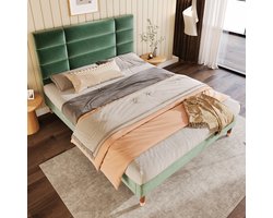 HAUSS SPOLE Gestoffeerd Bed 140x200cm - Tweepersoonsbed met 8cm Gepolsterd Hoofdeinde - Met Opbergruimte (17cm) - Fluweel - Groen - Zonder Matras