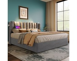 HAUSS SPOLE Gestoffeerd Bed 140x200cm - Tweepersoonsbedden met USB-Oplader en Leslamp - Met Opbergruimte - Fluweel - Grijs(Geen matras)