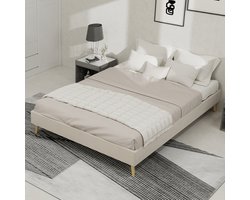 HAUSS SPOLE Gestoffeerd Bed 140x200cm - Zonder Matras - Minimalistisch Laag Bedframe Met Stevige Ondersteuning - Voor Slaapkamer En Logeerkamer - Stof En Metaal - Beige