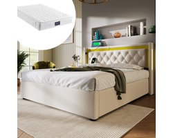 HAUSS SPOLE Gestoffeerd Bed 160x200 cm - Boxspringbed met LED-Licht en USB+Type-C Oplaadpunten - Met Ruime Opbergruimte en Gasveer - Katoen - Lichtbeige - Met matras