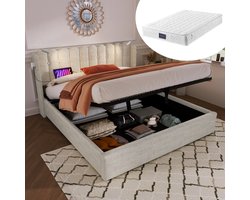 HAUSS SPOLE Gestoffeerd Bed 160x200 cm - Met Matras, USB en Leeslamp - Met Opbergruimte - Linnen - Beige