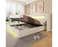 HAUSS SPOLE Gestoffeerd Bed 160x200 cm - Met USB, LED en Opbergkasten - Met Hydraulische Opbergruimte - Zonder Matras - Fluweel - Beige