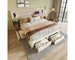 HAUSS SPOLE Gestoffeerd Bed 160x200 cm - Tweepersoonsbed met 4 Opberglades en 2 Nachtkastjes - Leeslamp met USB/Type-C - Fluweel - Beige - Zonder matras