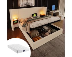 HAUSS SPOLE Gestoffeerd Bed - 160x200 cm - Tweepersoonsbed met Opbergruimte en Matras - USB C & LED Verlichting - Voor Moderne Slaapkamer - Cordstof - Beige