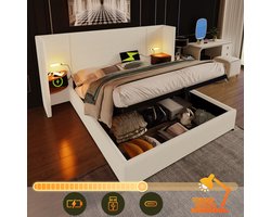 HAUSS SPOLE Gestoffeerd Bed 160x200 cm - Tweepersoonsbed Met Opbergruimte En Nachtkastje - USB-C Oplaadfunctie En Leeslamp - Cordstof Beige - Zonder Matras