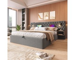 HAUSS SPOLE Gestoffeerd Bed 160x200cm - Hydraulisch Stauraumbed met 2 Nachtkastjes en USB+Type-C Leeslamp - Opbergruimte - Zonder matras - Fluweel - Grijs