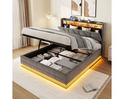 HAUSS SPOLE Gestoffeerd Bed 160x200cm - Met Led Verlichting, Hoofdbord Met Open Rekken En Zijtas, Met Usb En Type C Aansluiting - Zonder Matras - Fluweel - Donkergrijs