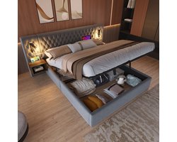 HAUSS SPOLE Gestoffeerd Bed 180x200 cm - Hydraulisch Opbergbed Met 2 Nachtkastjes, USB/Type-C Oplaadpoort En Leeslamp - Fluweel - Zonder Matras - Grijs