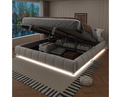HAUSS SPOLE Gestoffeerd Bed 180x200 cm - Hydraulische Opbergruimte - Met LED Wit Licht - Voor Kleine Kamers - Flanelstof - Beige - Zonder matras
