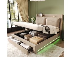HAUSS SPOLE Gestoffeerd Bed 180x200 cm – LED Tweepersoonsbed Met Opbergruimte – Hydraulisch Met 2-in-1 Lades – Fluweel – Beige
