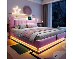 HAUSS SPOLE Gestoffeerd Bed 180x200 cm - Met LED, USB-Poorten En Hydraulische Opbergruimte - Met Metalen Lattenbodem - Fluweel - Roze - Zonder Matras