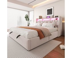HAUSS SPOLE Gestoffeerd Bed 180x200 cm - Omklapbaar Hoofdeinde Met Opbergruimte - USB & Type-C Stopcontact - LED - Samtstof - Beige - Zonder matras