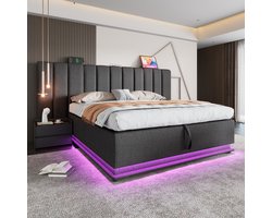 HAUSS SPOLE Gestoffeerd Bed 180x200 cm - Tweepersoonsbed Met LED Verlichting En USB C-Type Oplaadfunctie - Inclusief Lattenbodem - Opbergbed Met Stauraum - Metaal - Grijs