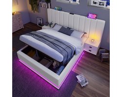 HAUSS SPOLE Gestoffeerd Bed 180x200 cm - Tweepersoonsbed Met LED Verlichting En USB C-Type Oplaadfunctie - Opbergbed Met Lattenbodem - Stauraumbed Multifunctioneel - Metaal - Wit