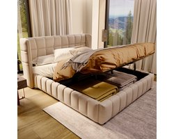 HAUSS SPOLE Gestoffeerd Bed 180x200 cm - Tweepersoonsbed Met Opbergruimte En Lattenbodem - Zonder Matras - Linnen - Beige