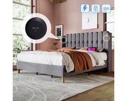 HAUSS SPOLE Gestoffeerd Bed 180x200 cm - Tweepersoonsbed Met USB Typ C Oplaadfunctie - Linnen - Grijs (Geen Matras)