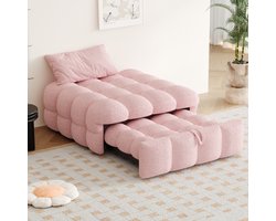 HAUSS SPOLE Gestoffeerd Bed 183x76 cm - Uitschuifbaar Eenpersoonsbed met 2-in-1 Poef - Zonder matras - Geschikt als Sofa en Logeerbed - Teddy-stof - Roze