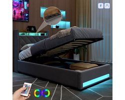 HAUSS SPOLE Gestoffeerd bed 90×200 cm -Eenpersoonsbed Met Opbergruimte-Voor Moderne Slaapkamers-Voor Jongeren En Volwassenen-Met USB & LED-verlichting - Opbergruimte Boxspring Block -Donkergrijs