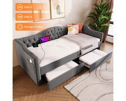 HAUSS SPOLE Gestoffeerd Bed 90x190 cm – Eenpersoonsbed Met 2 Lades & USB Type-C Laadfunctie – Voor Kinder-/Gastenkamer – Linnen – Grijs – Zonder matras