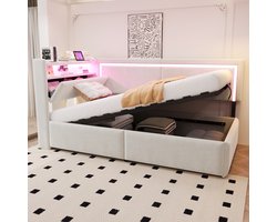 HAUSS SPOLE Gestoffeerd Bed 90x200 cm - Bedbank Met Ledverlichting En USB Aansluitingen - Met Opbergruimte - Zonder matras - Fluweel - Beige