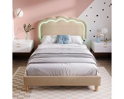 HAUSS SPOLE Gestoffeerd Bed 90x200 cm – Eenpersoonsbed met Lattenbodem en LED Hoofdbord – Linnen – Beige