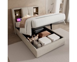 HAUSS SPOLE Gestoffeerd Bed 90x200 cm - Eenpersoonsbed Met Opbergruimte En USB-C Oplaadfunctie - Hydraulisch Opbergbed Met LED Verlichting - Linnen - Vintage Bruin - Zonder Matras