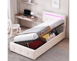 HAUSS SPOLE Gestoffeerd Bed 90x200 cm - Eenpersoonsbed Met Opbergruimte En Verstelbaar Hoofdbord - Fluweel - Beige