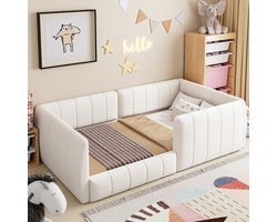 HAUSS SPOLE Gestoffeerd Bed 90x200 cm - Eenpersoonsbed Met Veiligheidshekje - Zonder Matras - Linnen En MDF - Beige