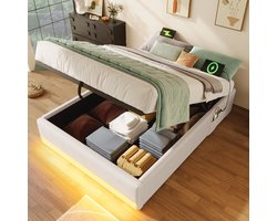HAUSS SPOLE Gestoffeerd Bed 90x200 cm - Hydraulische Opbergruimte & LED-Multikleur - USB/Type-C Snelladen - Met Zijvakjes - Linnen - Beige - Zonder matras