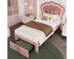 HAUSS SPOLE Gestoffeerd Bed 90x200 cm - Kinderbedden Met Opbergruimte En LED Licht - Fluweel - Roze